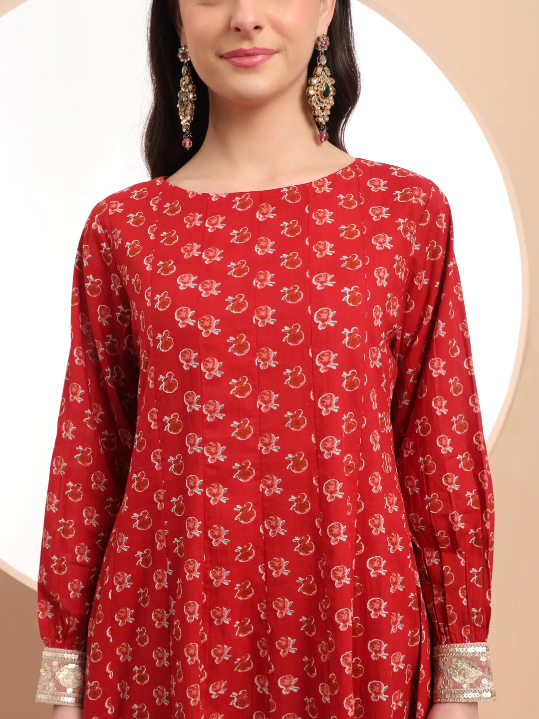 Yufta Pure Cotton Red Anarkali Kurta Dupatta Set