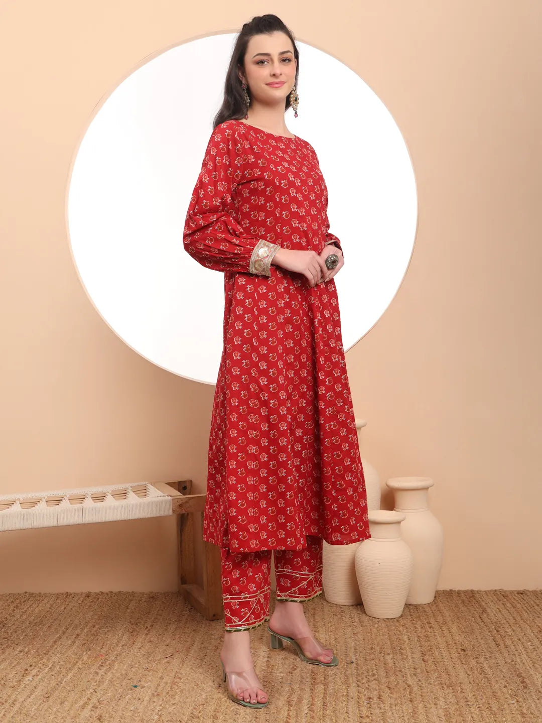 Yufta Pure Cotton Red Anarkali Kurta Dupatta Set