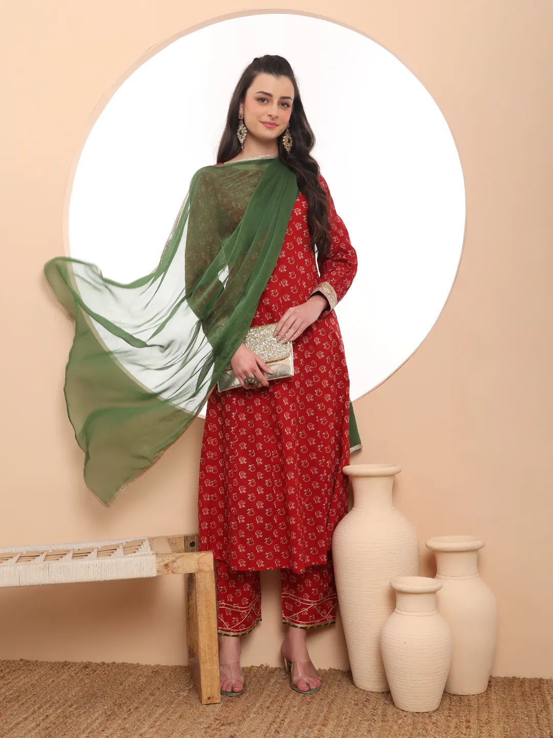 Yufta Pure Cotton Red Anarkali Kurta Dupatta Set