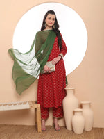 Thumbnail for Yufta Pure Cotton Red Anarkali Kurta Dupatta Set