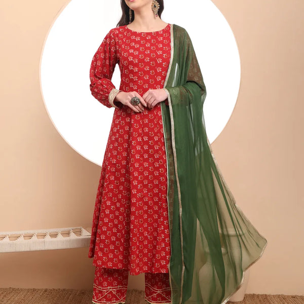 Yufta Pure Cotton Red Anarkali Kurta Dupatta Set - Distacart