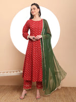 Thumbnail for Yufta Pure Cotton Red Anarkali Kurta Dupatta Set