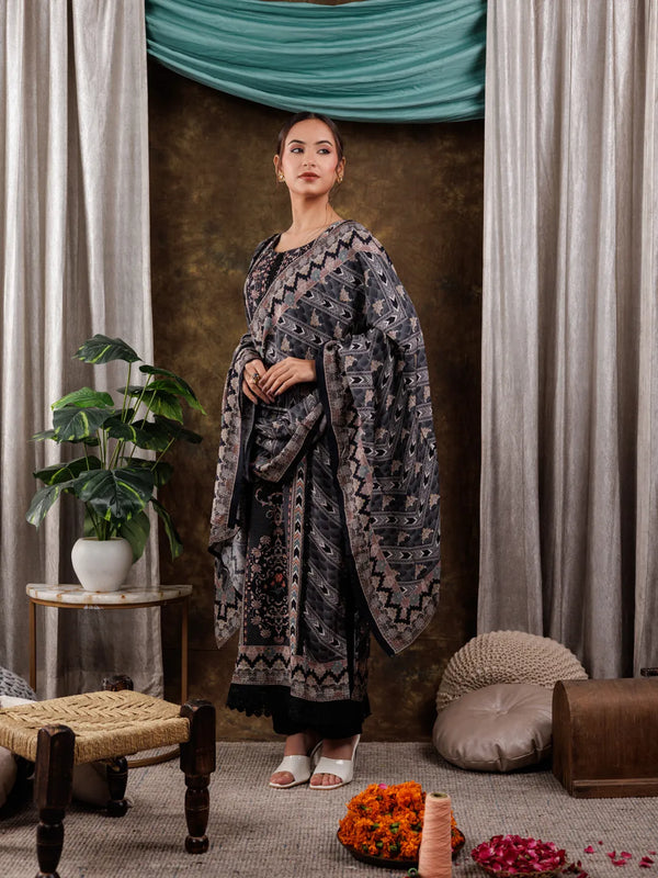 Yufta Pure Muslin Silk Black Ethnic Motifs Kurta Dupatta Set