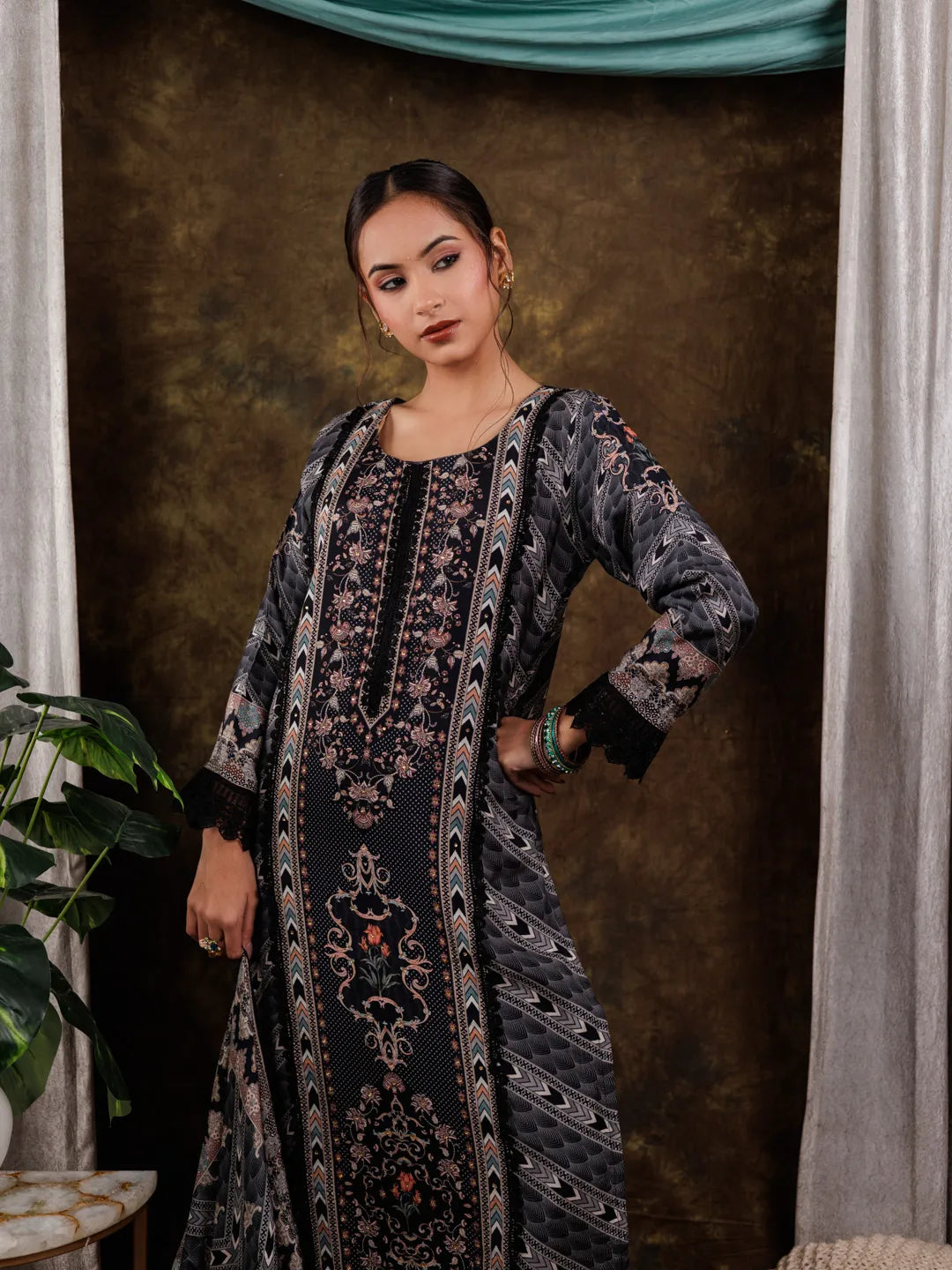 Yufta Pure Muslin Silk Black Ethnic Motifs Kurta Dupatta Set