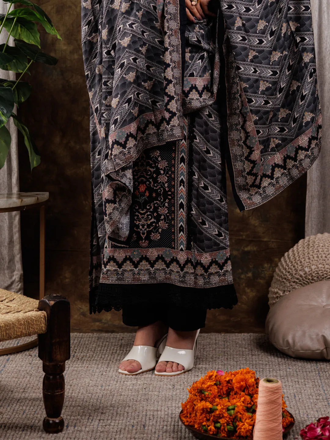 Yufta Pure Muslin Silk Black Ethnic Motifs Kurta Dupatta Set