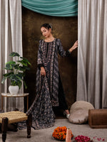 Thumbnail for Yufta Pure Muslin Silk Black Ethnic Motifs Kurta Dupatta Set