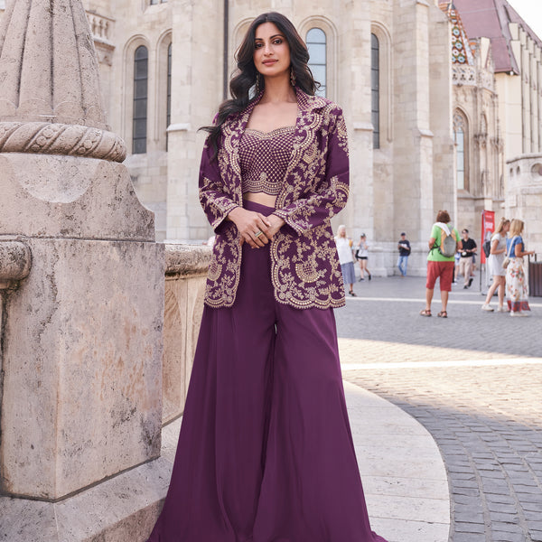 Evanik Designer Chinon Silk with Embroidery Dori Sequence Work Palazzo With Kurta Set