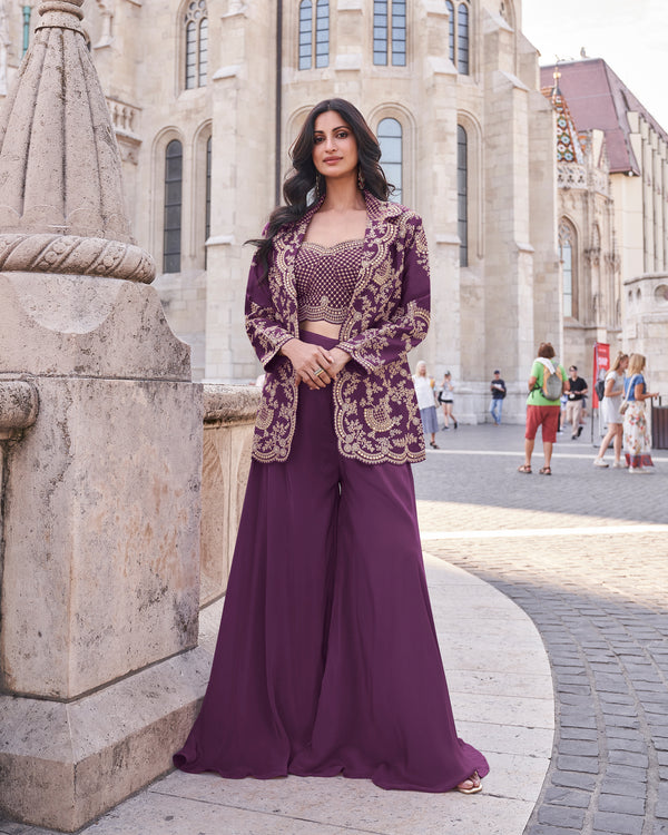 Evanik Designer Chinon Silk with Embroidery Dori Sequence Work Palazzo With Kurta Set