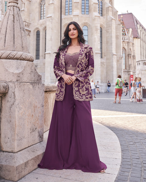 Evanik Designer Chinon Silk with Embroidery Dori Sequence Work Palazzo With Kurta Set
