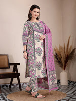 Thumbnail for Yufta Purple And Beige Pure Cotton Floral Sequins Work Kurta Dupatta Set
