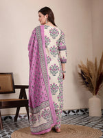 Thumbnail for Yufta Purple And Beige Pure Cotton Floral Sequins Work Kurta Dupatta Set
