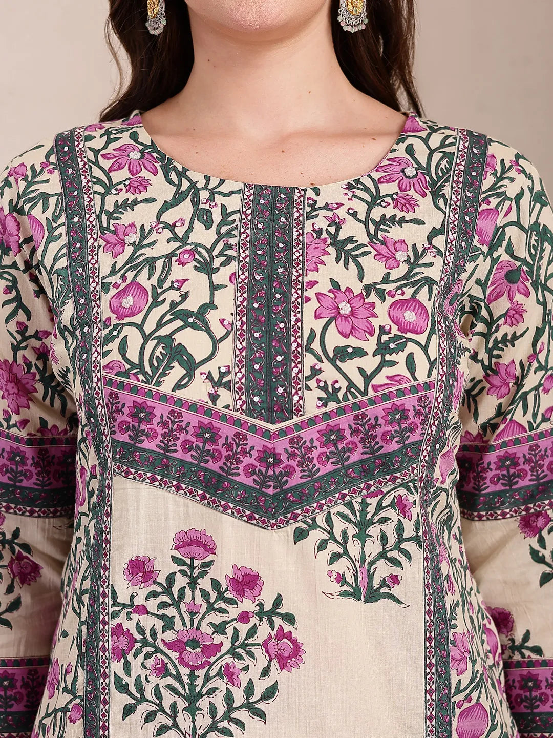 Yufta Purple And Beige Pure Cotton Floral Sequins Work Kurta Dupatta Set