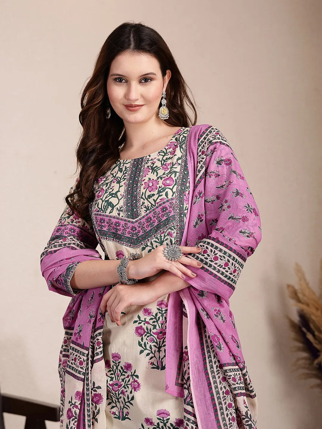 Yufta Purple And Beige Pure Cotton Floral Sequins Work Kurta Dupatta Set