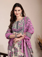 Thumbnail for Yufta Purple And Beige Pure Cotton Floral Sequins Work Kurta Dupatta Set