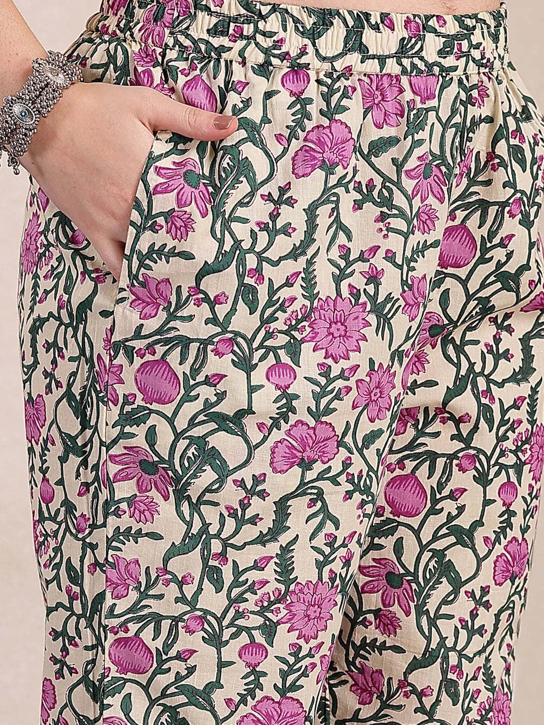 Yufta Purple And Beige Pure Cotton Floral Sequins Work Kurta Dupatta Set