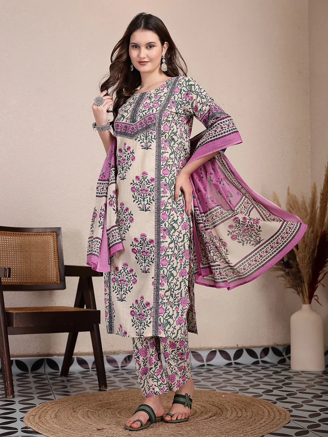 Yufta Purple And Beige Pure Cotton Floral Sequins Work Kurta Dupatta Set