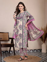 Thumbnail for Yufta Purple And Beige Pure Cotton Floral Sequins Work Kurta Dupatta Set