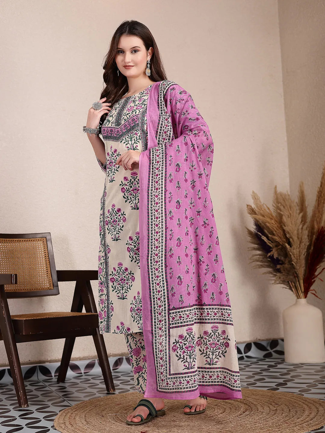 Yufta Purple And Beige Pure Cotton Floral Sequins Work Kurta Dupatta Set