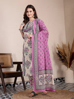 Thumbnail for Yufta Purple And Beige Pure Cotton Floral Sequins Work Kurta Dupatta Set