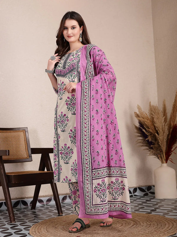 Yufta Purple And Beige Pure Cotton Floral Sequins Work Kurta Dupatta Set