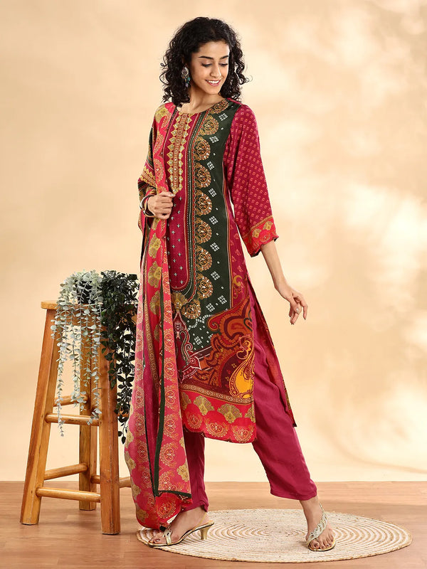 Yufta Purple And Green Silk Crepe Sequins Work Straight Kurta Dupatta Pant Set