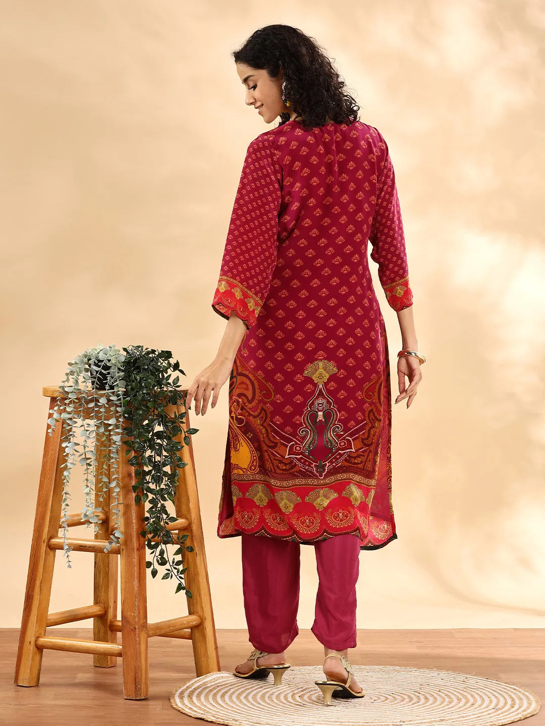 Yufta Purple And Green Silk Crepe Sequins Work Straight Kurta Dupatta Pant Set