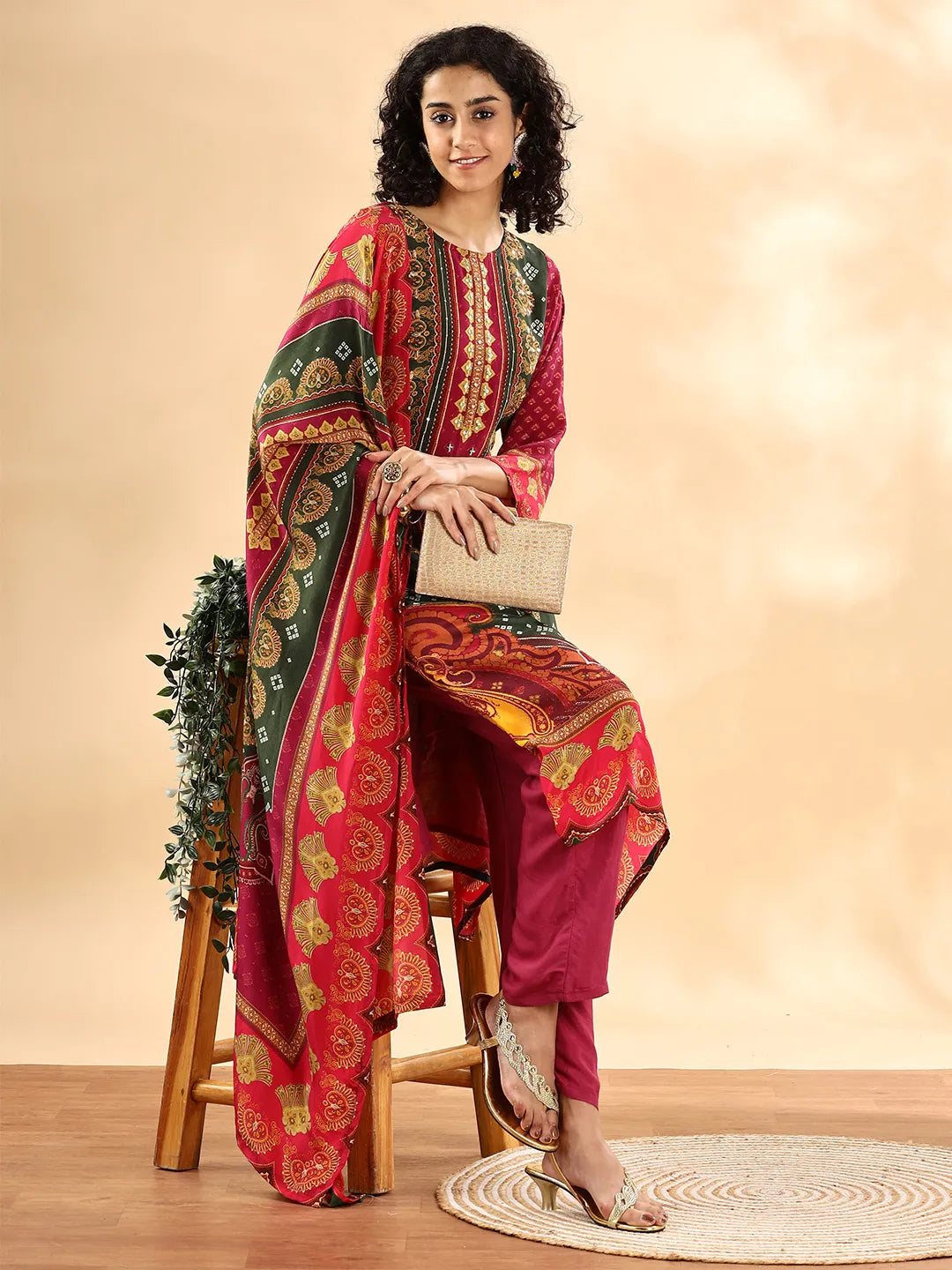 Yufta Purple And Green Silk Crepe Sequins Work Straight Kurta Dupatta Pant Set