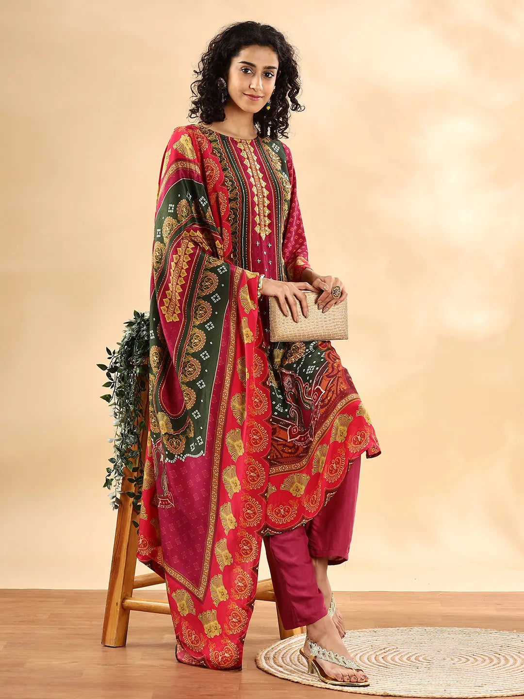 Yufta Purple And Green Silk Crepe Sequins Work Straight Kurta Dupatta Pant Set