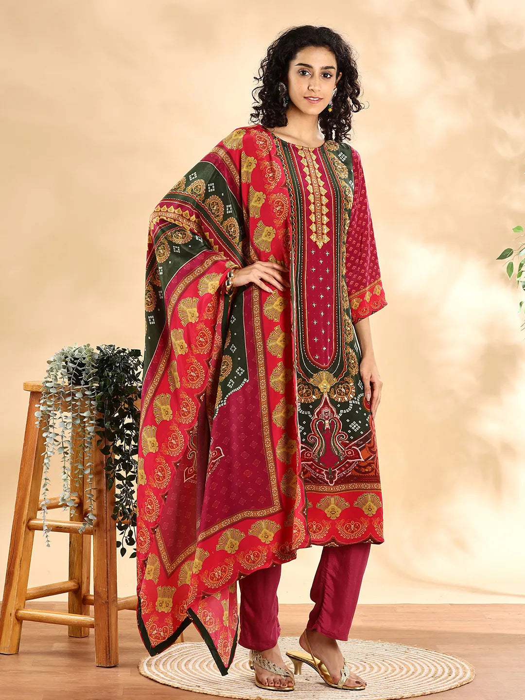 Yufta Purple And Green Silk Crepe Sequins Work Straight Kurta Dupatta Pant Set - Distacart