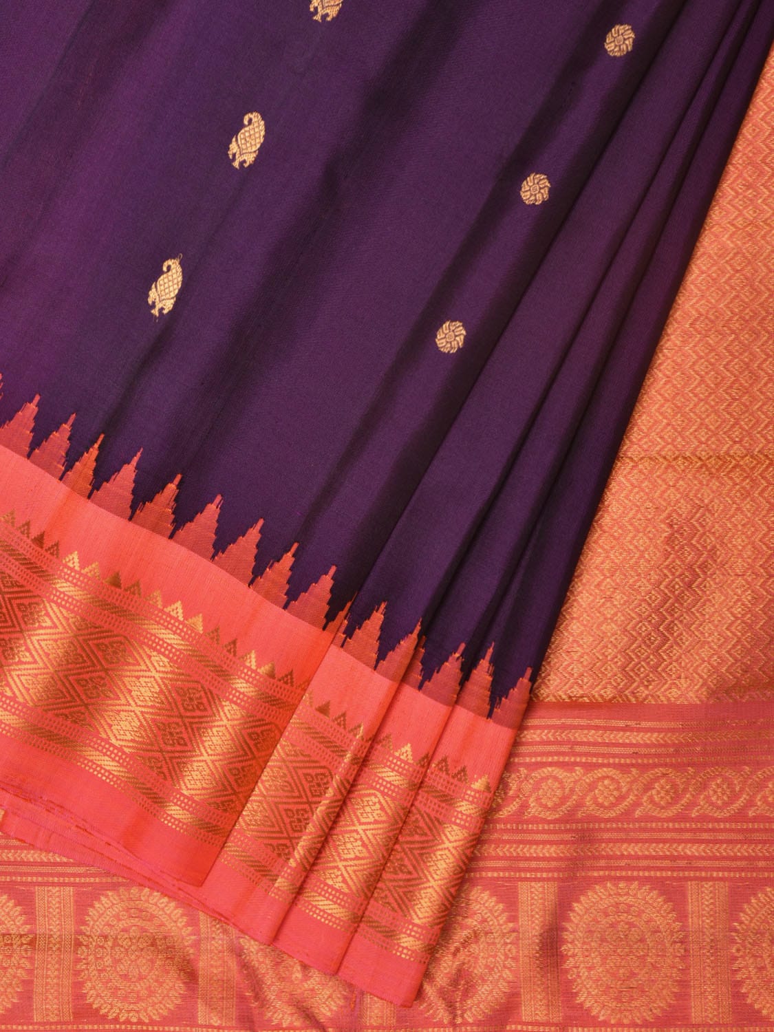 Purple and Peach Gadwal Silk Handloom Saree with Mango Pallu and Border Design - Global Threads - Distacart