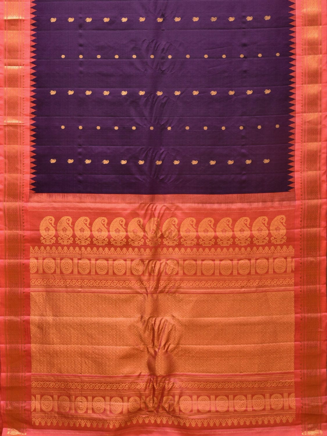 Purple and Peach Gadwal Silk Handloom Saree with Mango Pallu and Border Design - Global Threads - Distacart