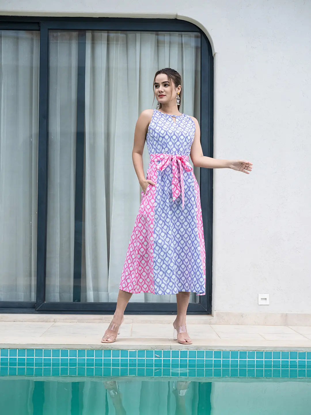 Yufta Purple And Pink Pure Cotton Colour Blocking Dress - Distacart