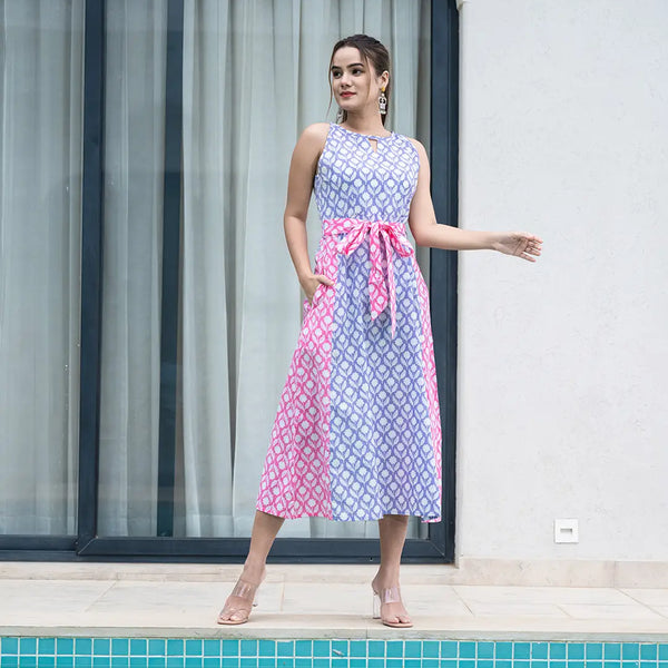 Yufta Purple And Pink Pure Cotton Colour Blocking Dress - Distacart
