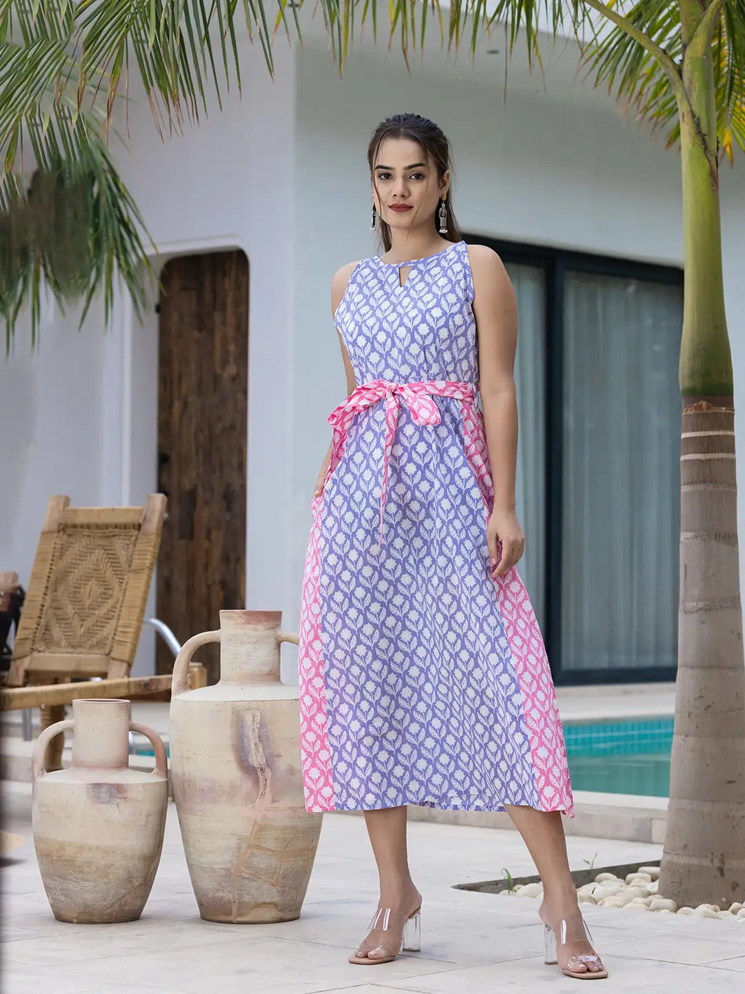 Yufta Purple And Pink Pure Cotton Colour Blocking Dress