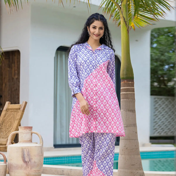 Yufta Purple & Pink Colour blocking Co Ord Set - Distacart