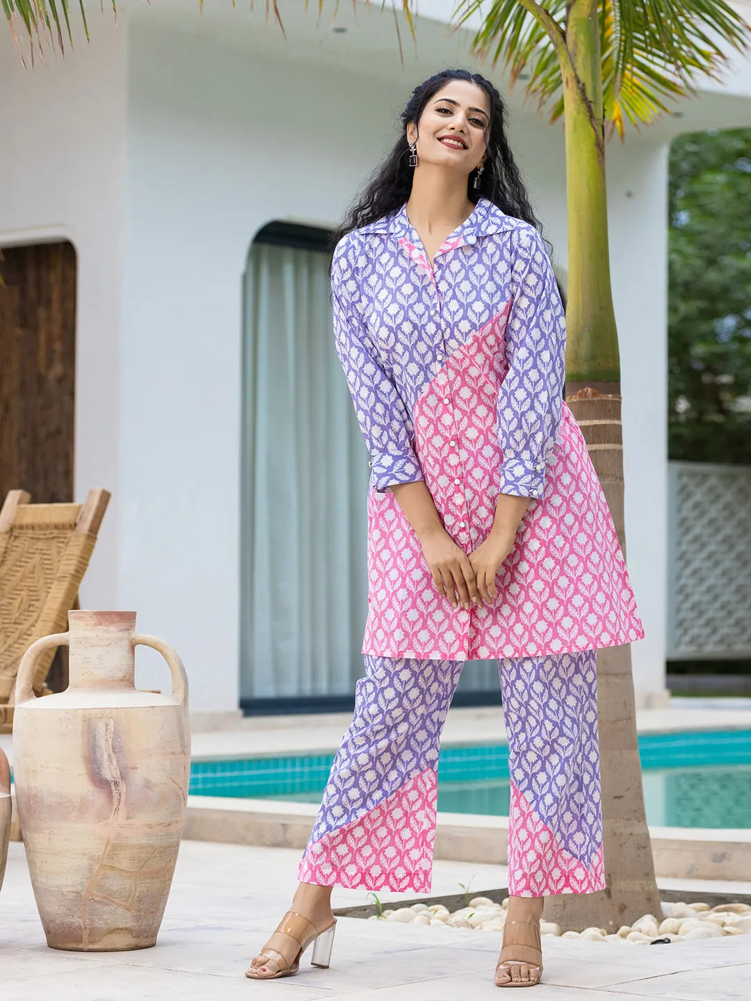 Yufta Purple & Pink Colour blocking Co Ord Set