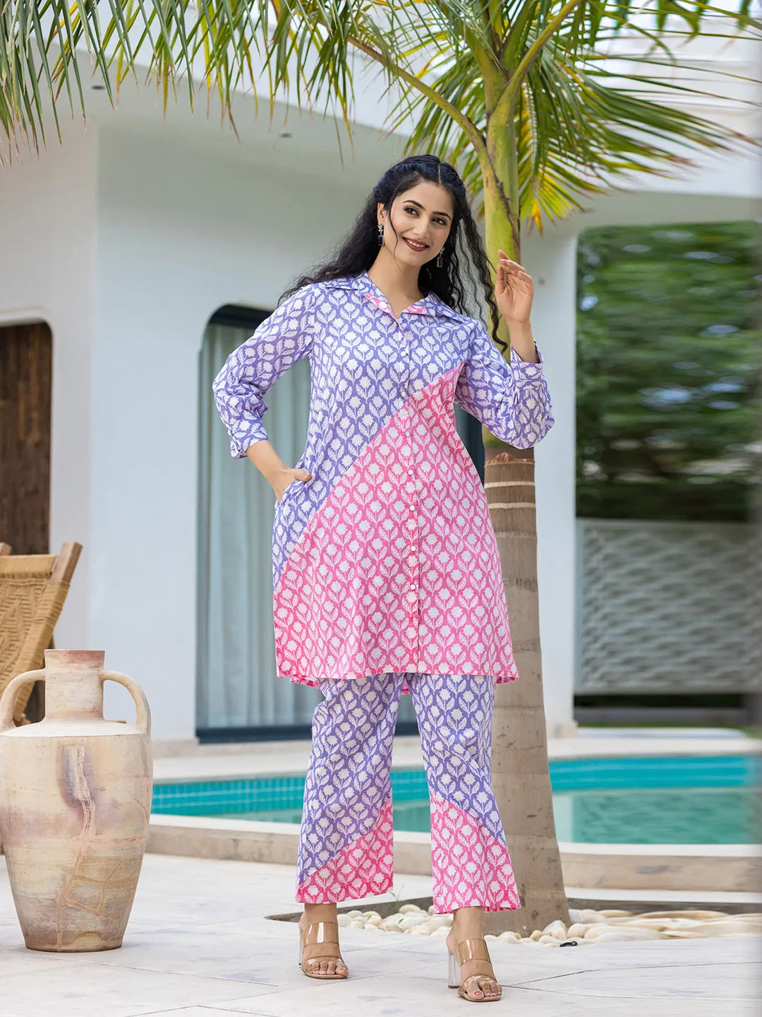 Yufta Purple & Pink Colour blocking Co Ord Set
