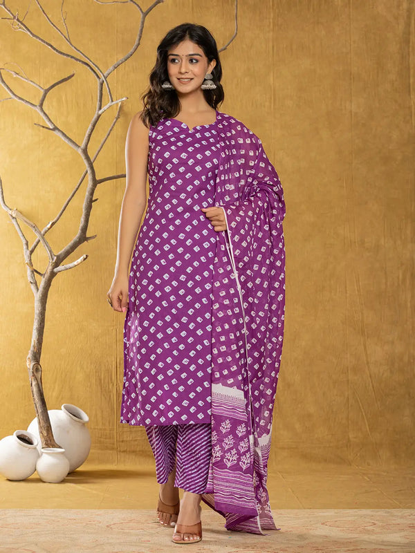 Yufta Purple Bandhani Cotton Straight Kurta Trouser & Dupatta Set - Distacart