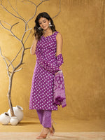 Thumbnail for Yufta Purple Bandhani Cotton Straight Kurta Trouser & Dupatta Set - Distacart