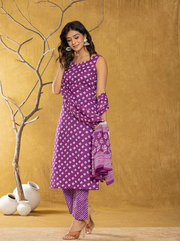 Yufta Purple Bandhani Cotton Straight Kurta Trouser & Dupatta Set - Distacart