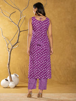 Thumbnail for Yufta Purple Bandhani Cotton Straight Kurta Trouser & Dupatta Set - Distacart