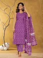 Thumbnail for Yufta Purple Bandhani Cotton Straight Kurta Trouser & Dupatta Set - Distacart