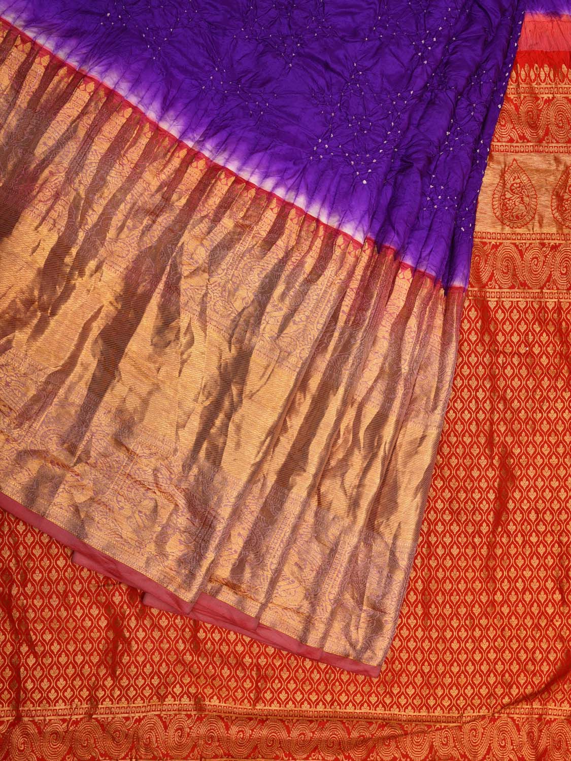 Purple Bandhani Kanchipuram Silk Handloom Saree with Pallu and Border Design - Global Threads - Distacart