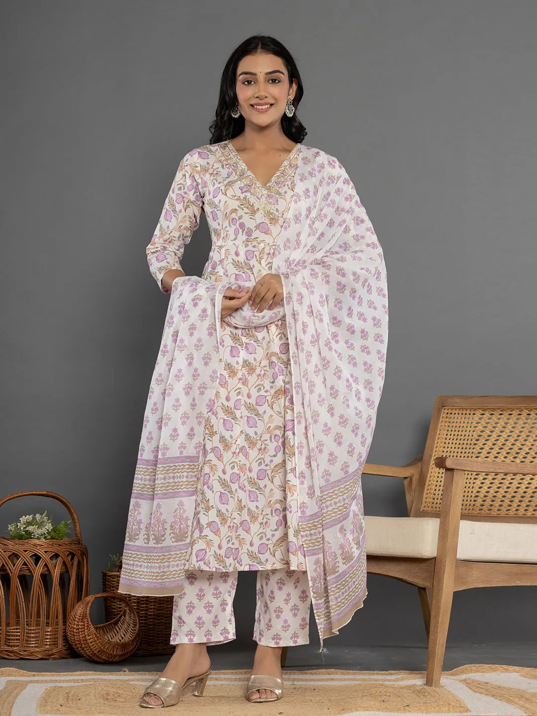 Yufta Purple Beads & Stones Cotton Anarkali Kurta Dupatta Pant Set - Distacart