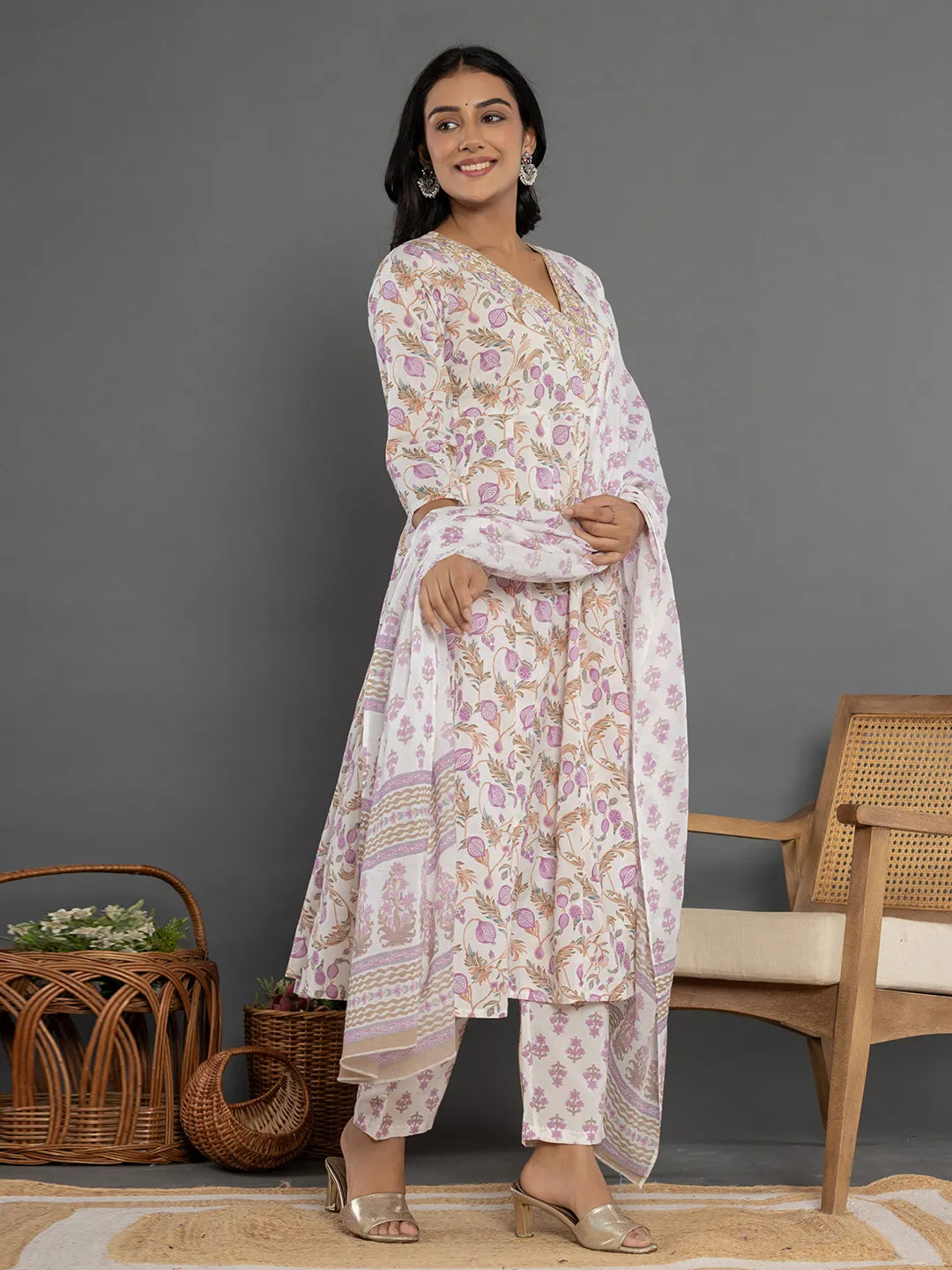 Yufta Purple Beads & Stones Cotton Anarkali Kurta Dupatta Pant Set - Distacart