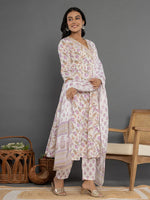 Thumbnail for Yufta Purple Beads & Stones Cotton Anarkali Kurta Dupatta Pant Set - Distacart