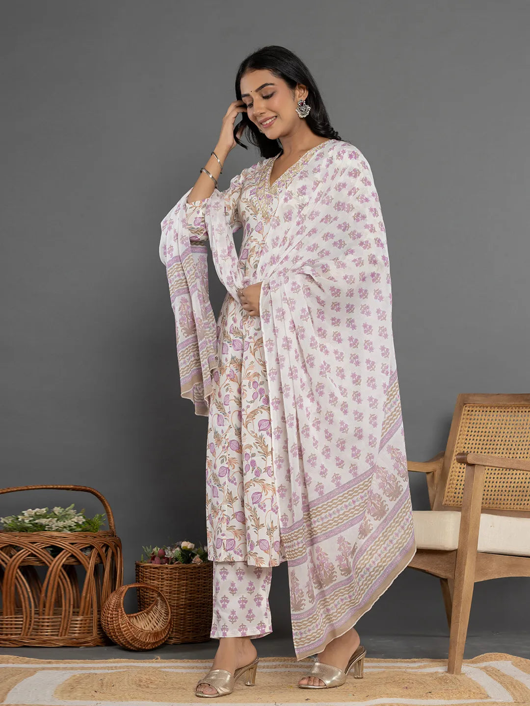 Yufta Purple Beads & Stones Cotton Anarkali Kurta Dupatta Pant Set - Distacart