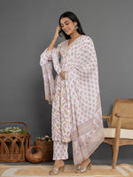 Thumbnail for Yufta Purple Beads & Stones Cotton Anarkali Kurta Dupatta Pant Set - Distacart