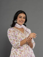 Thumbnail for Yufta Purple Beads & Stones Cotton Anarkali Kurta Dupatta Pant Set - Distacart