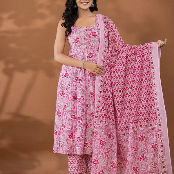 Yufta Purple Cotton Anarkali Square Neck Kurta Dupatta Set - Distacart